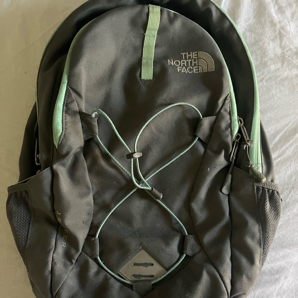 Grey and Teal North Face Backpack